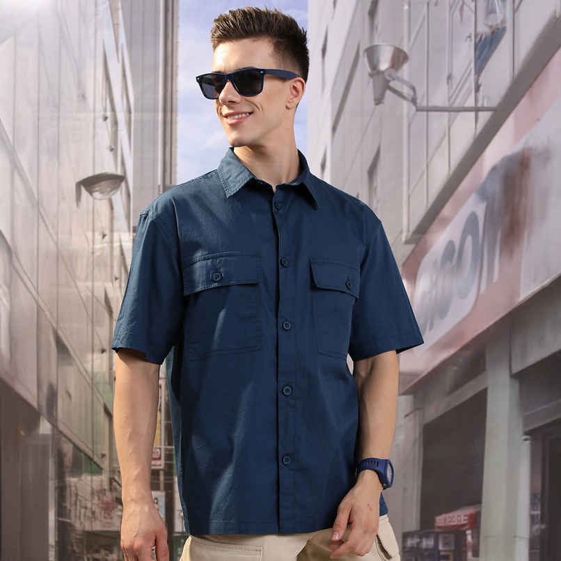 HIGHLANDER Men's Blue Drop Shoulder Boxy Oversized Fit Shirt | Blue - XL