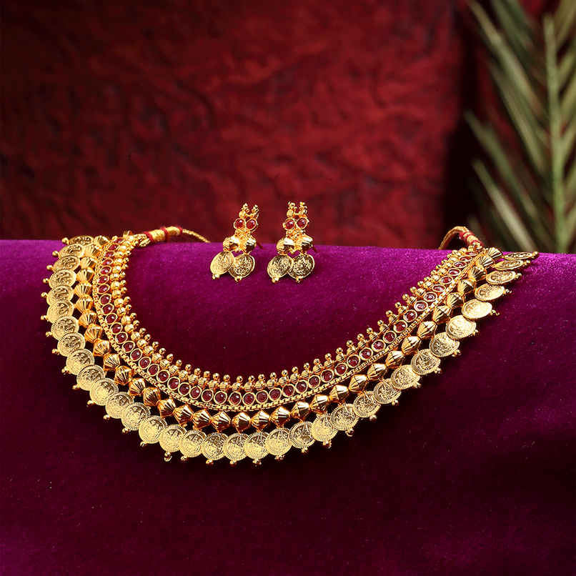 Zeneme Women's Gold-Plated South Indian Red Lakshmi Kasu Coin Temple Necklace Zeneme Women's Gold-Plated South Indian Red Lakshmi Kasu Coin Temple Necklace