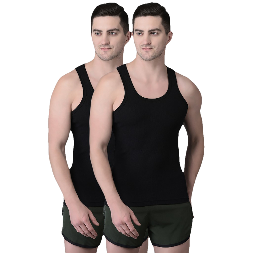 Dollar Bigboss Men's Black Solid Combed Cotton Vest | Pack Of 2 - Black - M