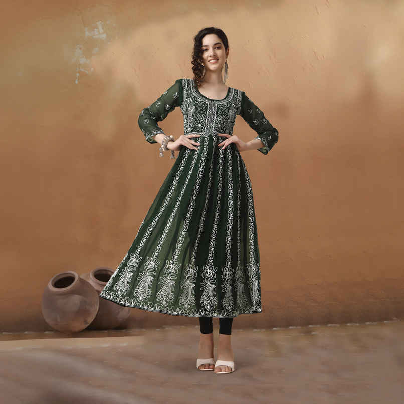 Youthnic Georgette Chikankari Embroidery Anarkali Kurta | B19 - Apsara Bottle Green | M Youthnic Georgette Chikankari Embroidery Anarkali Kurta | B19 - Apsara Bottle Green | M