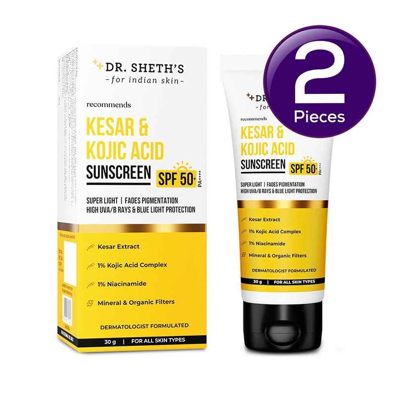Dr. Sheth's Kesar & Kojic Acid Sunscreen SPF 50+ PA++++ | Pigmentation-Free Skin 30 g X 2 Combo Dr. Sheth's Kesar & Kojic Acid Sunscreen SPF 50+ PA++++ | Pigmentation-Free Skin 30 g X 2 Combo