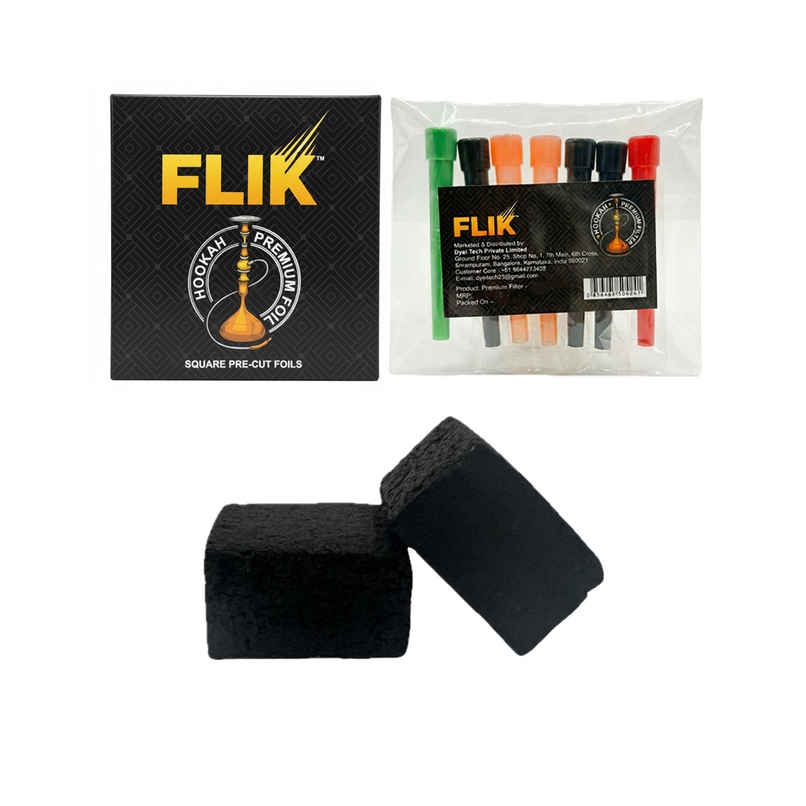 Flik Premium Pre-Cut Hookah Foil (1pc) & Flik Premium Hookah Filters (1pc) & Stash- Pro Coconut Coal (30pc) Combo