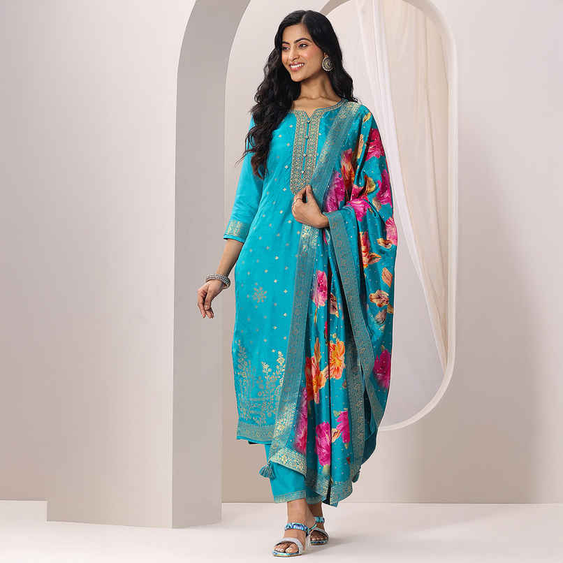 Libas Rama Woven Design Silk Blend Straight Suit Set With Dupatta | 99077OR | Blue - M Libas Rama Woven Design Silk Blend Straight Suit Set With Dupatta | 99077OR | Blue - M