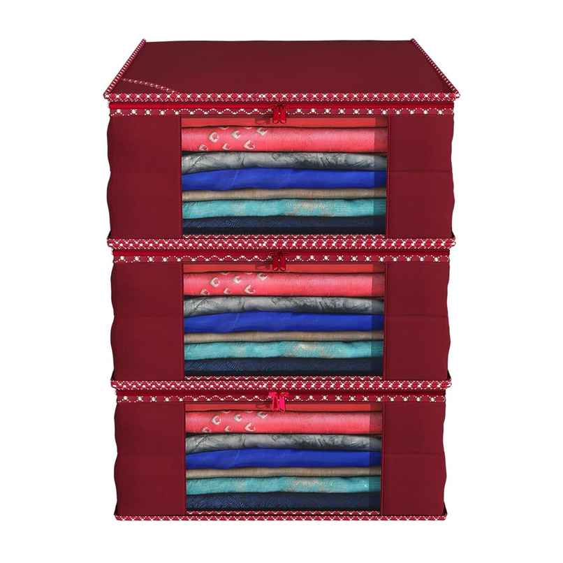 Kuber Industries 3 Pieces Non Woven Fabric Saree Cover with Transparent Window | Extra Large|Maroon
