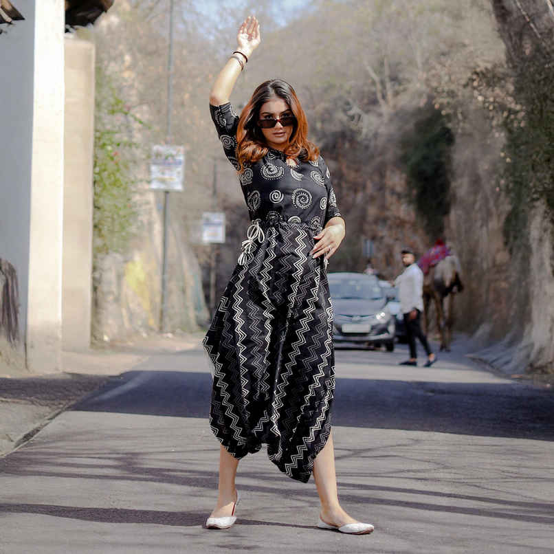 Divena Women s Black Dhoti Style Cotton Jumpsuit | DK0503 | M