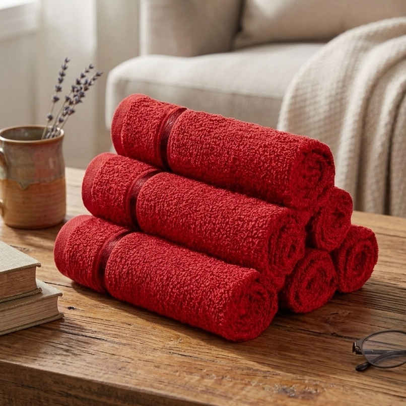 Story@Home 100% Cotton 450 6 Piece Face Towel Wine Red Solid