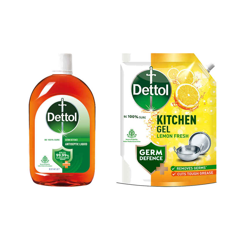 Dettol Antiseptic Liquid For First Aid | Surface Disinfection And Personal Hygiene (750ml) & Dettol Lemon Fresh Kitchen Dish And Slab Gel Refill (1.5L) Combo Dettol Antiseptic Liquid For First Aid | Surface Disinfection And Personal Hygiene (750ml) & Dettol Lemon Fresh Kitchen Dish And Slab Gel Refill (1.5L) Combo