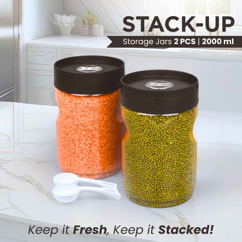 Flair Plastic Stackup Pet Jar Set Of 2 Pcs 2000 ml (Brown), Transparent Flair Plastic Stackup Pet Jar Set Of 2 Pcs 2000 ml (Brown), Transparent