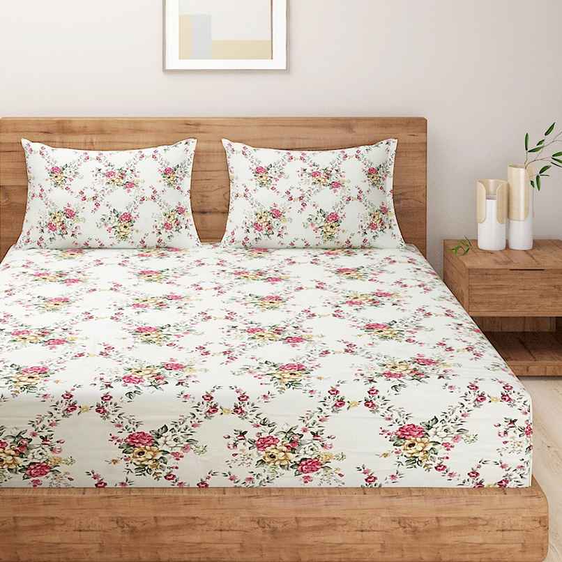 Swayam 250Tc King Fitted Bedsheet Set Pink, Green, White Floral Pure Cotton (Pack Of 3)
