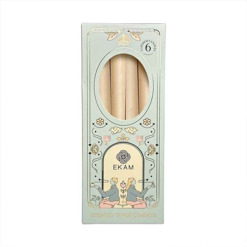 EKAM Scented Taper Candles (6 pcs) Gift Pack | Cedar & Mahogany | 52 g | 6 H Burn | Table Decor