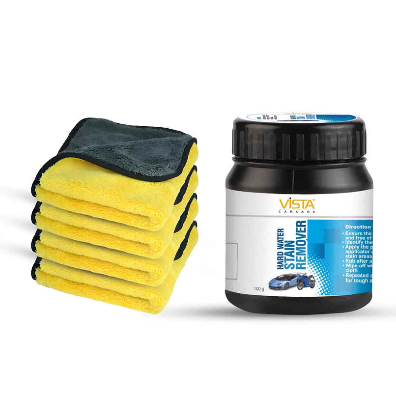 Autofy Multipurpose Microfiber Car Cleaning Cloth (Pack Of 4) - Assorted | 800 Gsm | 40 Cm X 40 Cm (1pc) & Vista Auto Care Hard Water Stain Remover (100g) Combo