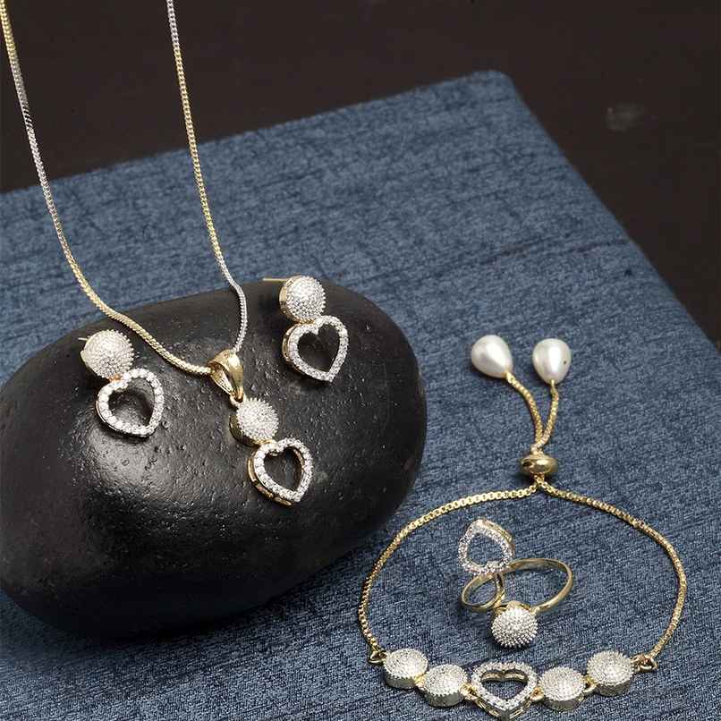 Zeneme American Diamond Heart Shaped Necklace Set Earrings Bracelet Ring Jewellery For Women