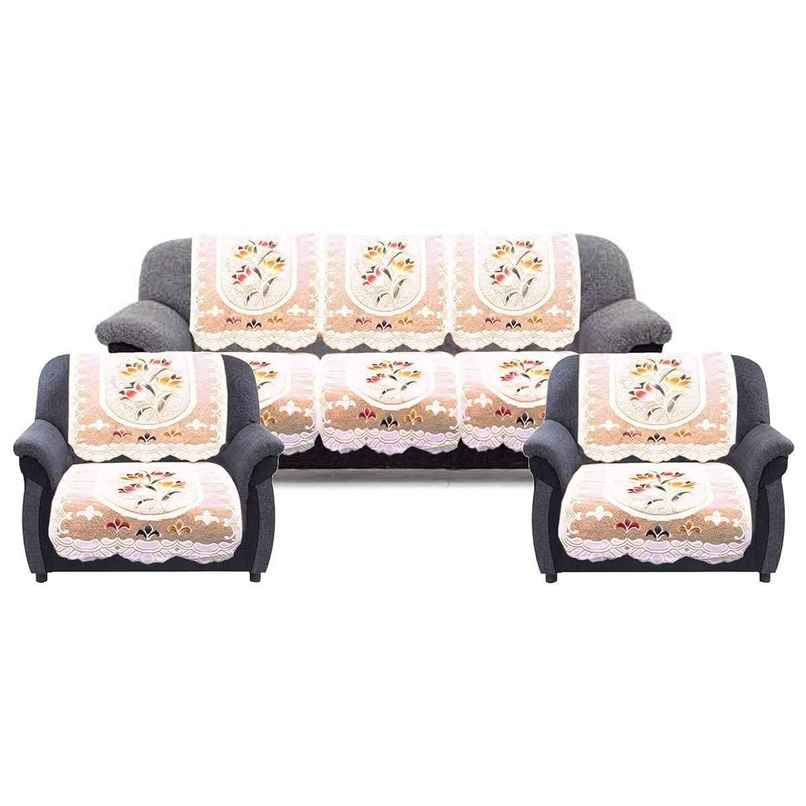 Kuber Industries Premium Cotton Flower Design Round Shape 5 Seater Sofa Cover|10 Piece (Cream)