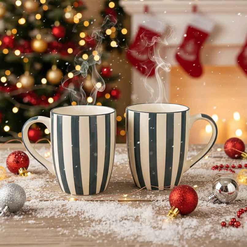 The Earth Store Grey Stripe Ceramic Coffee Mug | 400 ml Microwave and Dishwasher Safe