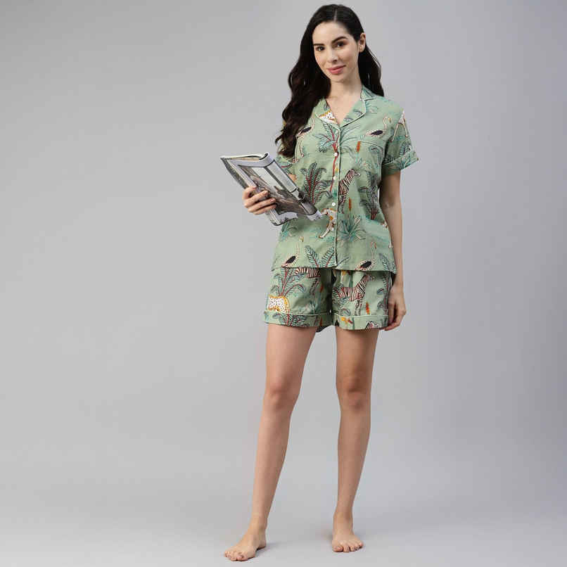 Divena Women s Sea Green Cotton Animal Print Night Suit | DK0217 | XL