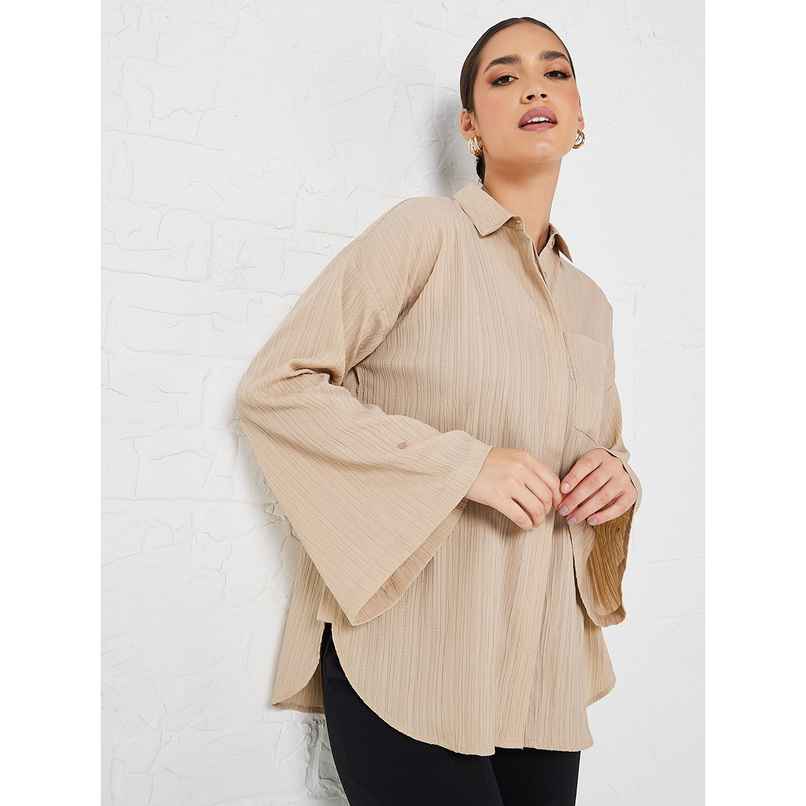Styli Women's Longline Shirt with Oversized Drop Shoulder and Crepe Fabric | Beige - XS