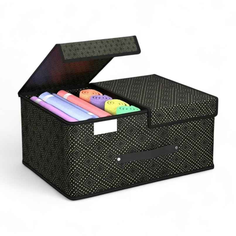 Kuber Industries Golden Dot Foldable Small Wardrobe Organizer with Double Lid | Black Kuber Industries Golden Dot Foldable Small Wardrobe Organizer with Double Lid | Black