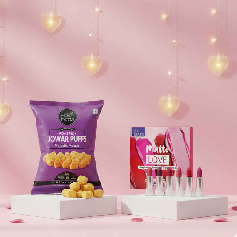 Heka Bites Roasted Quinoa Puffs Indian Chaat (40g) & Blue Heaven Matte Love Long Lasting Hydrating Mini Lipsticks (130g) Combo