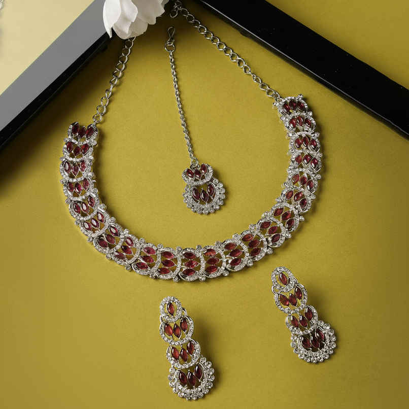 Sukkhi Beguiling Rhodium Plated Maroon Stone Studded Choker Necklace Set Sukkhi Beguiling Rhodium Plated Maroon Stone Studded Choker Necklace Set