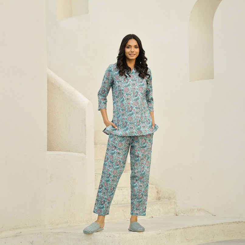 Sanskrutihomes Women's Printed Pure Cotton Night Suit | Turquoise Blue - L