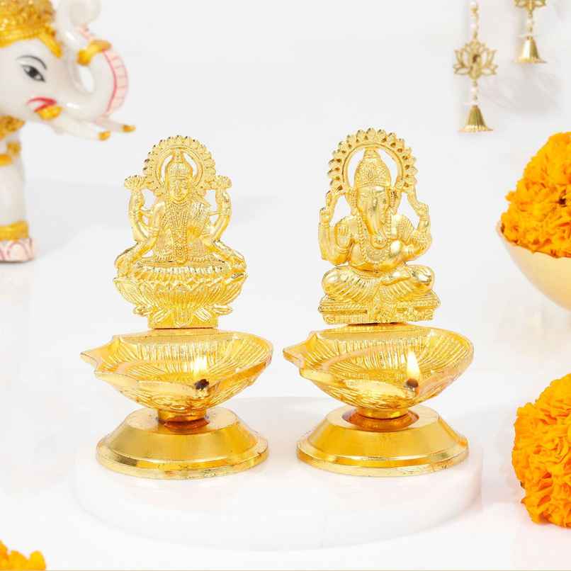 Laxmi Ganesha Pair Metal Diya | Gold | Traditional | Diya-Pooja | IGP