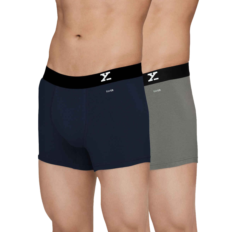 XYXX Men's Aero Cotton Solid Trunks Pack of 2, Midnight Blue & Frost Grey| L