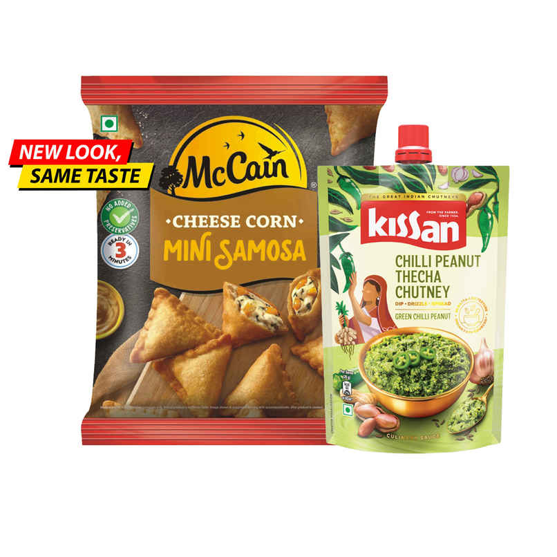 Mccain Cheese Corn Mini Samosa | Crispy Snack (240g) & Kissan Chilli Peanut Thecha Chutney Doy (200g) Combo