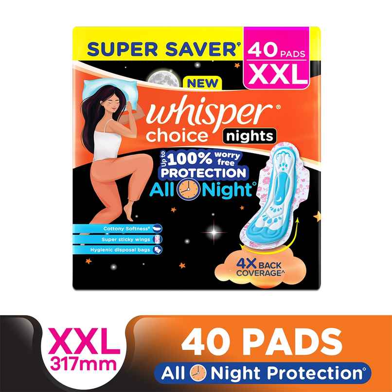 Whisper Choice Nights, 40 XXL Pads, with 4x Back Coverage