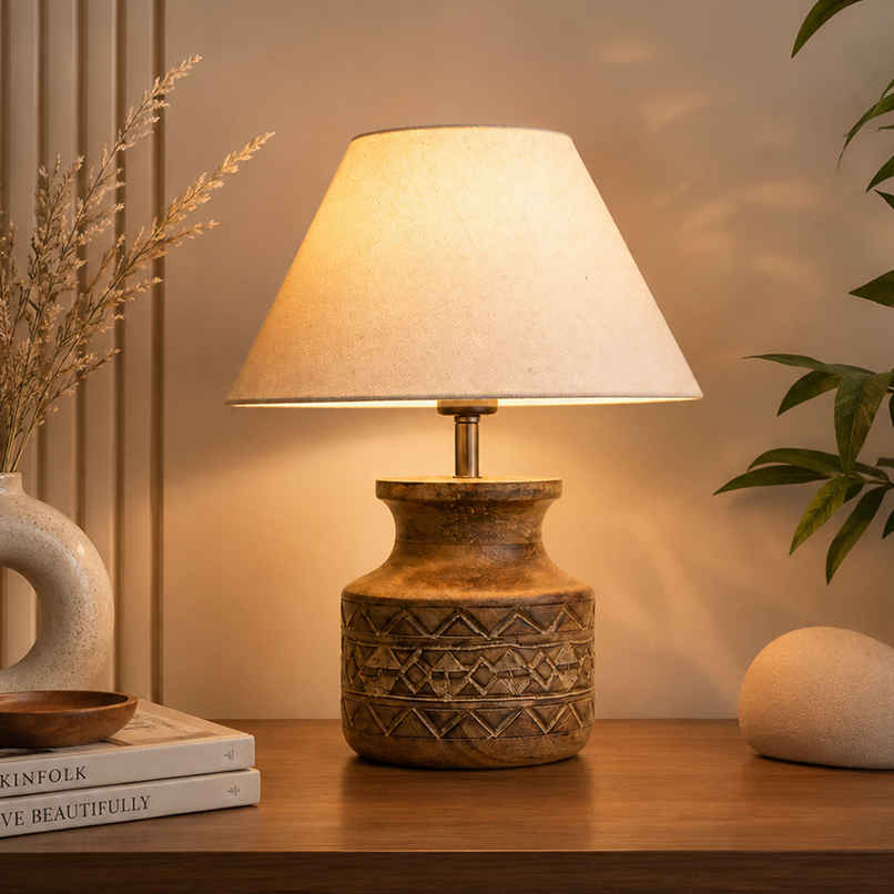 Homesake Wood Table Lamp | Modern Base Fabric Lampshade | Home Office Cafe Restaurant |Beige