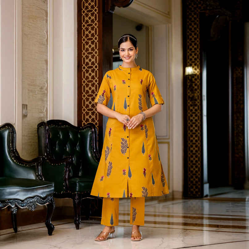 GoSriKi Women's Rayon Blend Straight Printed Kurta with Pant | BARKAT | Yellow - M