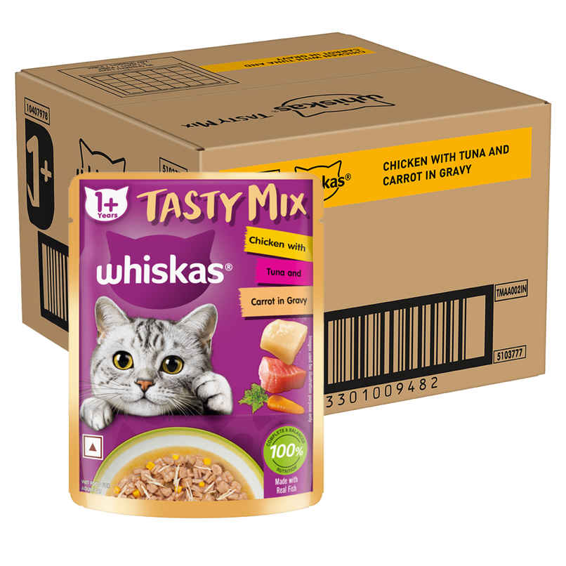 Whiskas Tasty Mix Adult Wet Cat Food, Chicken with Tuna & Carrot in Gravy