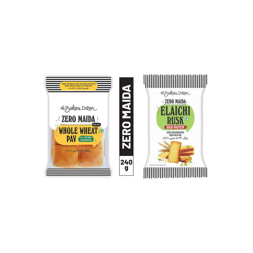 The Baker'S Dozen Zero Maida Whole Wheat Sourdough Pav |Bombay Style Pav | Atta Pav Bread|Ladi Pav (220g) & The Baker'S Dozen Zero Maida Elaichi Rusk (80g) Combo