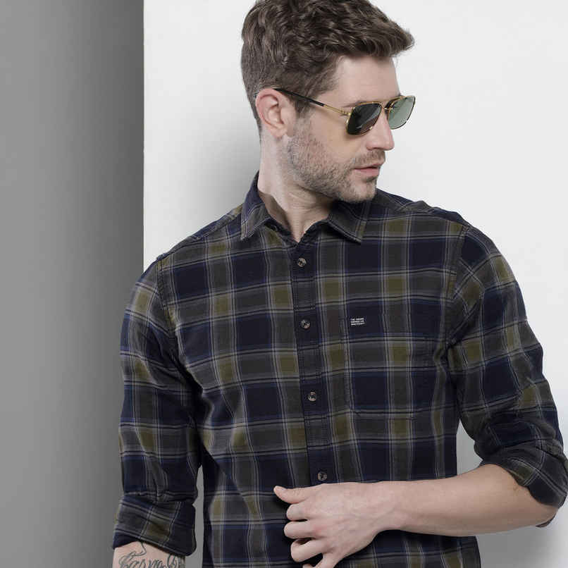 The Indian Garage Co Men's Slim Fit Checkered Casual Shirt | Navy Blue & Green - L The Indian Garage Co Men's Slim Fit Checkered Casual Shirt | Navy Blue & Green - L