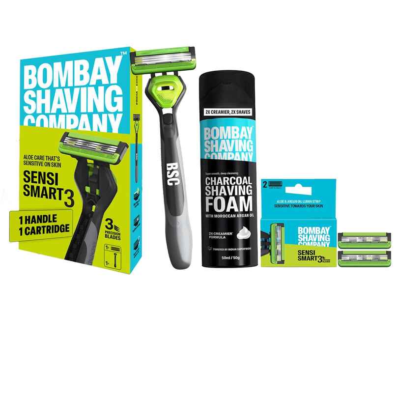 Bombay Shaving Company Sensi Smart 3 Value Pack Razor With Shaving Foam (1pc) & Cartridge For Bombay Shaving Company Sensi Smart 3 Razor| Curved Blades Ensure Precise, Safe, And Smooth Shaves (2pc) Combo