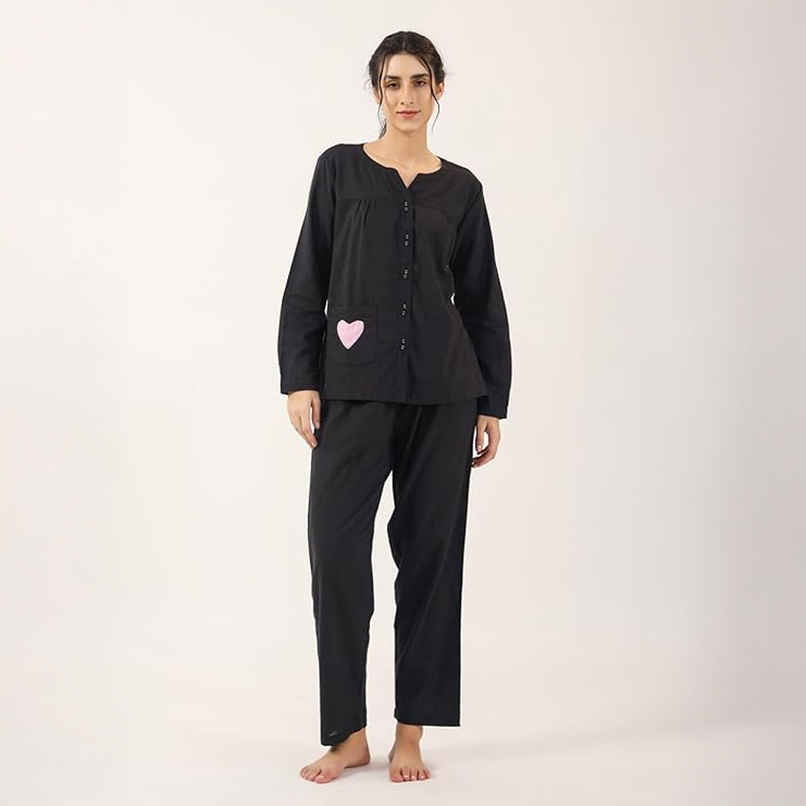 Sanskrutihomes Black Round Neck Pure Cotton Nightsuit | Black - S Sanskrutihomes Black Round Neck Pure Cotton Nightsuit | Black - S