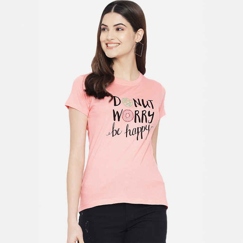 Fabflee Women Regular Cotton Printed Round Neck Tshirt | Pink | FAB-WT-07 | S
