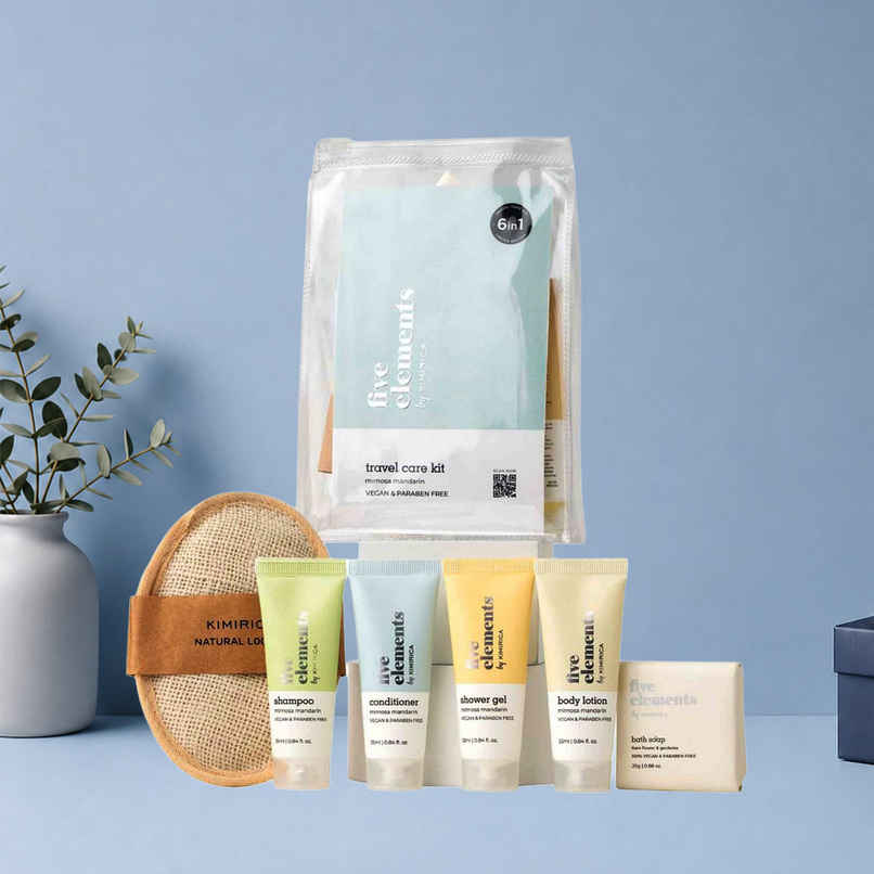 Kimirica Five Elements Travel Kit | 6-in-1 Bath Essentials with Loofah in Pouch | Self-Care Set Kimirica Five Elements Travel Kit | 6-in-1 Bath Essentials with Loofah in Pouch | Self-Care Set