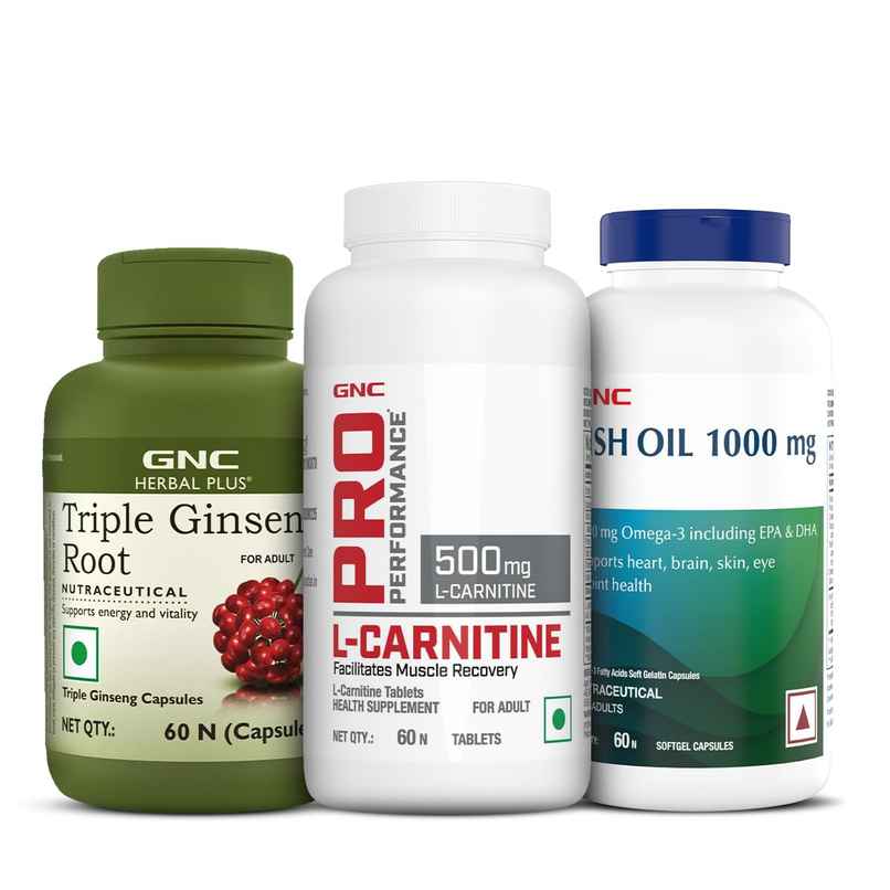 Pack of 3GNC Herbal Plus Triple Ginseng Root 60 Capsules Fish Oil 60 Softgels,L-Carnitine 30 Tablets