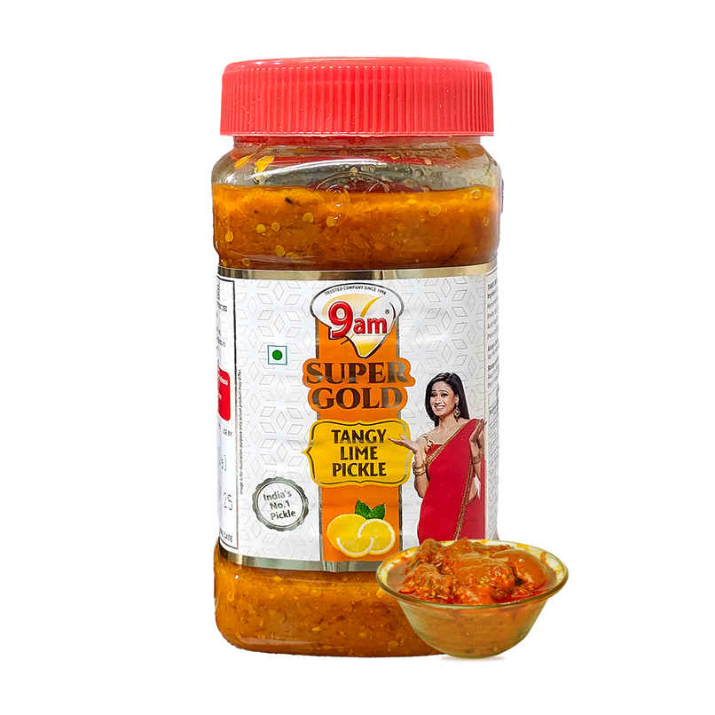 9am Super Gold Lime Pickle, Tangy Nibmu, Perfect for Meals With Pratha