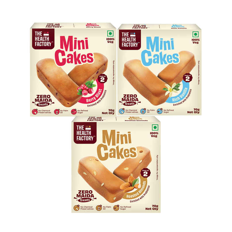 The Health Factory Zero Maida Mini Cakes- Berry Blast (70g) & The Health Factory Zero Maida Mini Cakes| Rich Vanilla (70g) & The Health Factory Zero Maida Mini Cakes | Roasted Almonds (70g) Combo