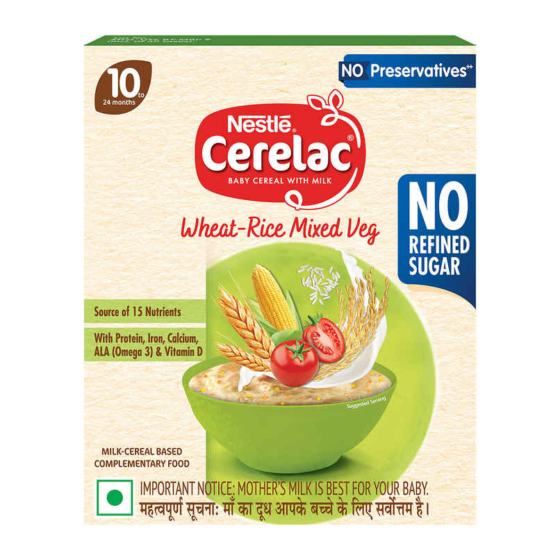 Nestle Cerelac Wheat Rice Mixed Veg Baby Food Cereal | No Refined Sugar & No Preservatives | 10-24M