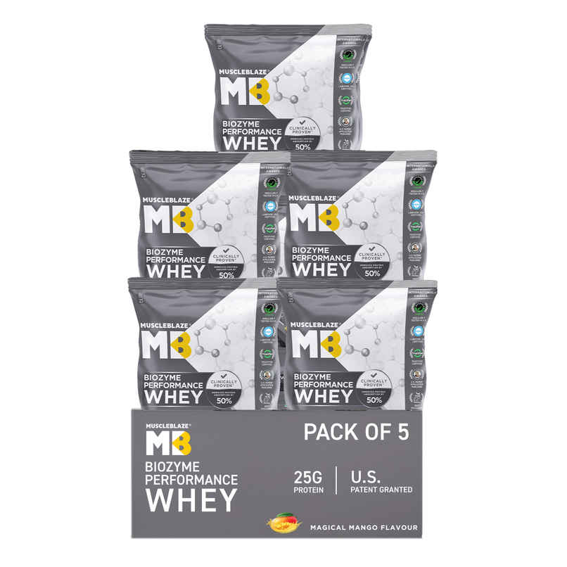 MuscleBlaze Biozyme Performance Whey Protein Powder | Magical Mango | Travel Pack MuscleBlaze Biozyme Performance Whey Protein Powder | Magical Mango | Travel Pack