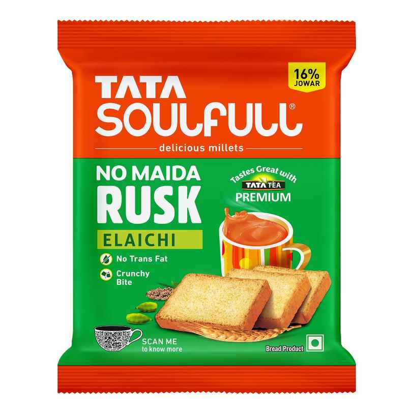 Tata Soulfull No Maida Elaichi Rusk, Whole Wheat Atta & Jowar, Crunchy Tea-Time Snack