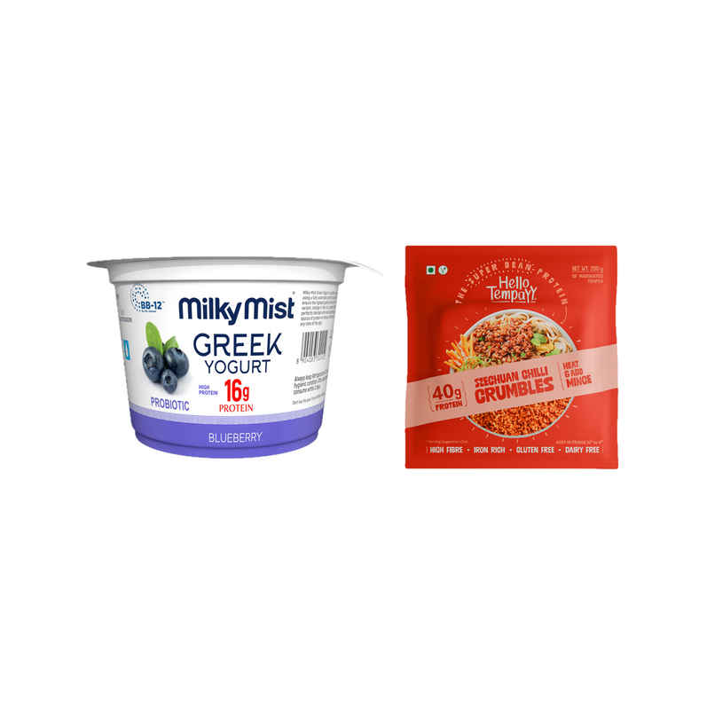 Milky Mist Greek Yogurt Blueberry (225g) & Hello Tempayy 40G Protein Tempeh Crumbles | Szechuan | Heat & Add (200g) Combo Milky Mist Greek Yogurt Blueberry (225g) & Hello Tempayy 40G Protein Tempeh Crumbles | Szechuan | Heat & Add (200g) Combo