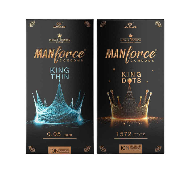 Manforce King Dot | Spiral-Dotted Condom For Enhanced Pleasure (1pc) & Manforce King Thin | Ultra Thin Condom For Natural Feel (1pc) Combo