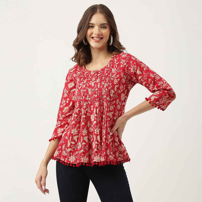Divena Women s Red Floral Printed Cotton Peplum Tunic DK0966 | XL