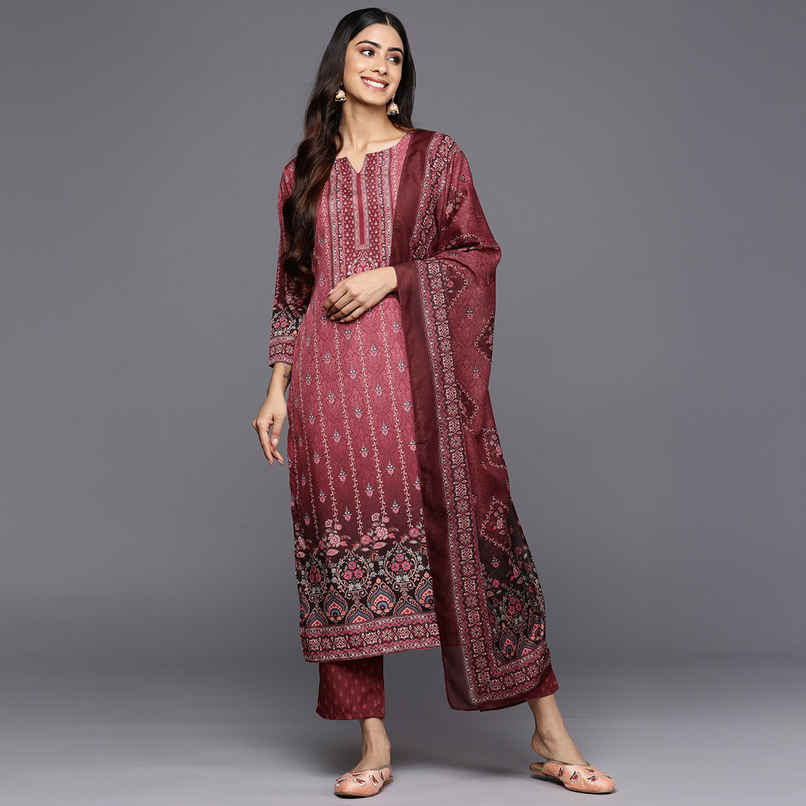 Libas Printed Crepe Straight Kurta With Trousers & Dupatta | 34215R | Maroon - M