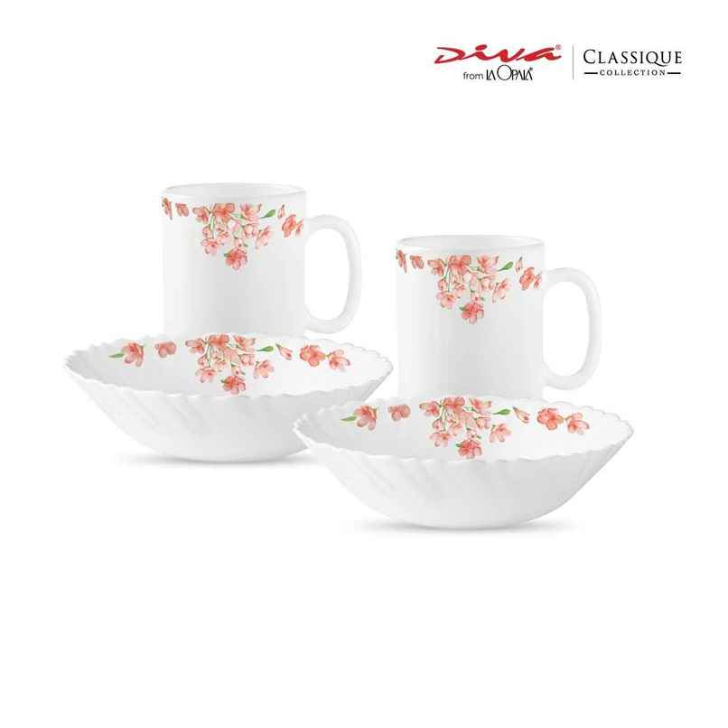La Opala Diva Classique Breakfast Set of 4 | Opal Glass Coffee Mug & Bowl for Gifting - Aster Pink