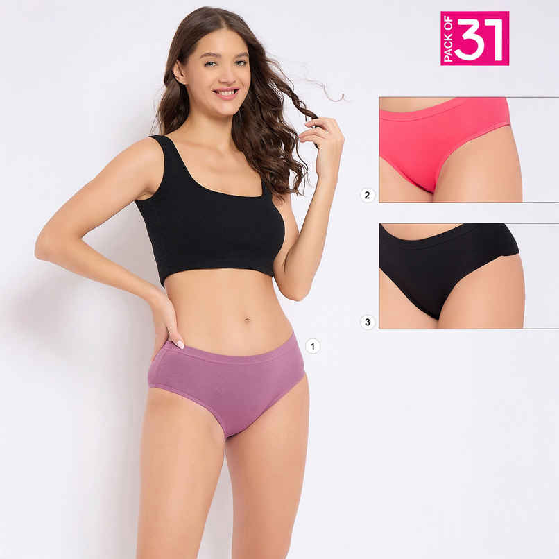 Clovia Cotton Spandex Pack Of 3 Medium Waist Inner Elastic Hipster Panty (Pink , Purple , Black - L) - Multicolor
