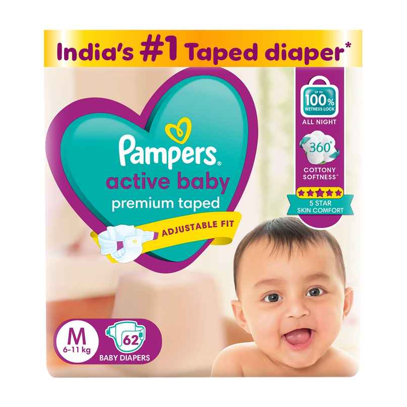 Pampers Active Baby Diapers | Taped Style | M | 62 pcs